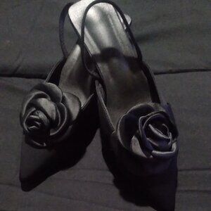 Black Rose Sling back Kitten Heels